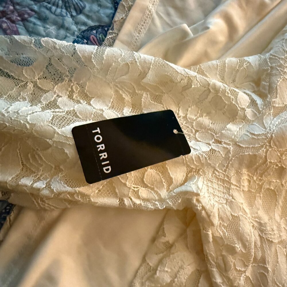 Torrid Stretch Lace And Mesh Crew Neck Long Sleeve Top Ivory - Picture 7 of 7